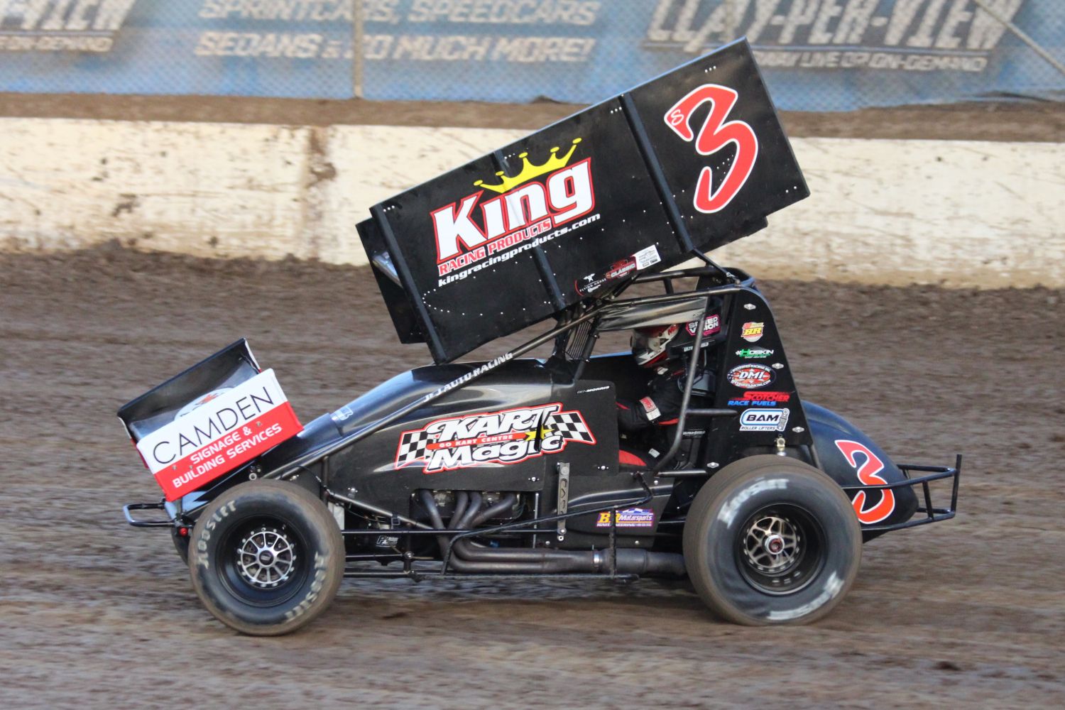 Sprint car #3 King Racing Products on the clay — Maxwill-built engine
