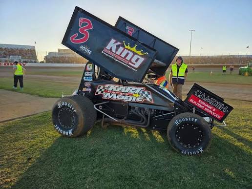 Sprint car #3 King Racing Products in the pits